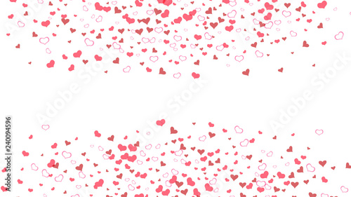 Red hearts of confetti crumbled. Festive background. Red on White fond Vector. Part of the design of wallpaper, textiles, packaging, printing, holiday invitation for Valentine's Day.