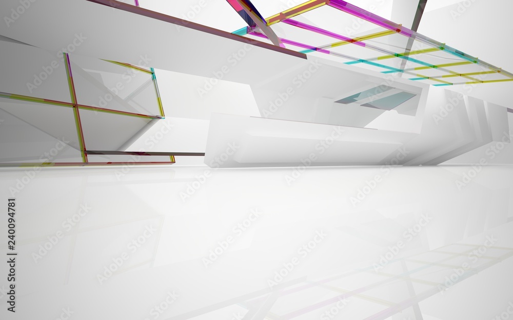abstract architectural interior with white sculpture and geometric gradient glass lines. 3D illustration and rendering abstract architectural interior with white sculpture and geometric gradient glass lines. 3D illustration and rendering