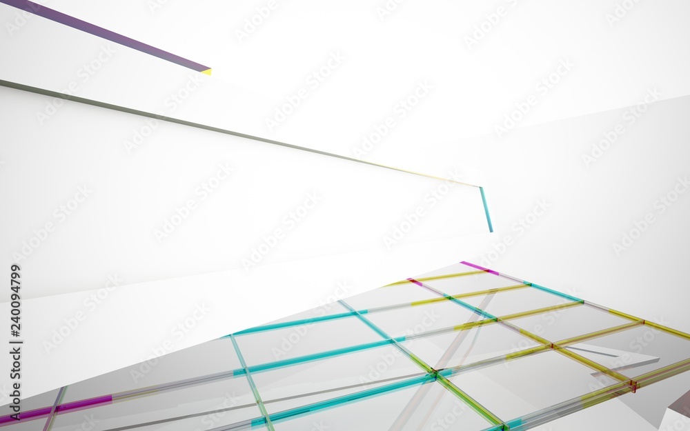 Naklejka premium abstract architectural interior with white sculpture and geometric gradient glass lines. 3D illustration and rendering