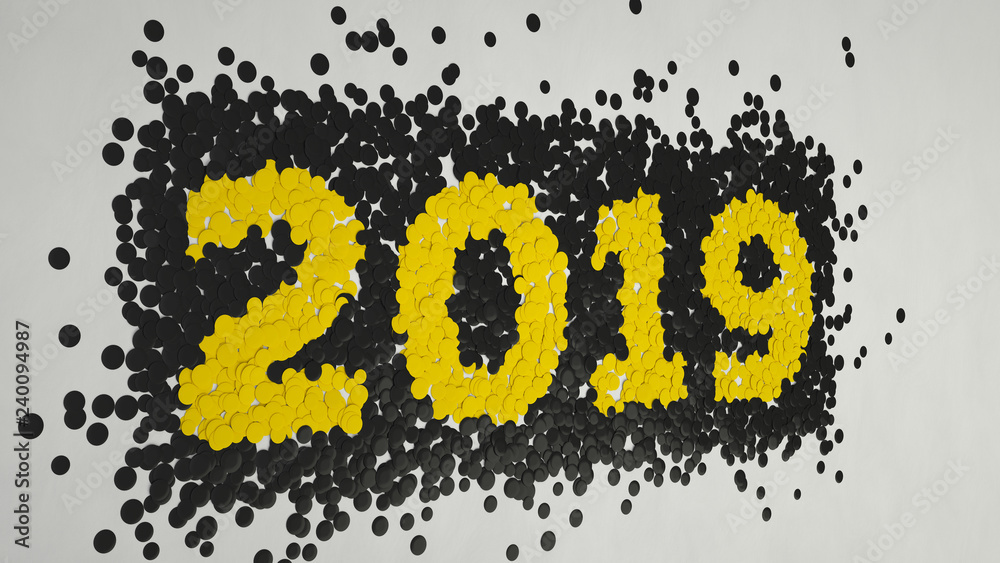 2019 number made from black and yellow confetti