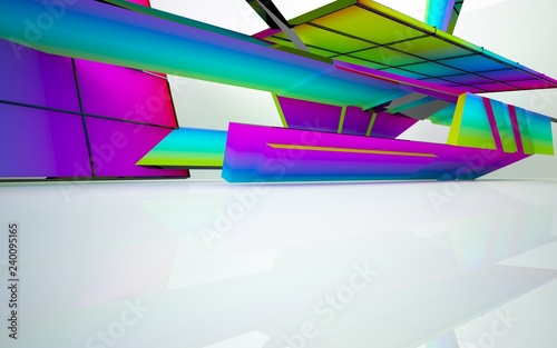 Abstract dynamic interior with gradient colored objects. 3D illustration and rendering