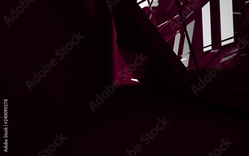 Abstract interior of the future in a minimalist style with red colored sculpture. Night view . Architectural background. 3D illustration and rendering