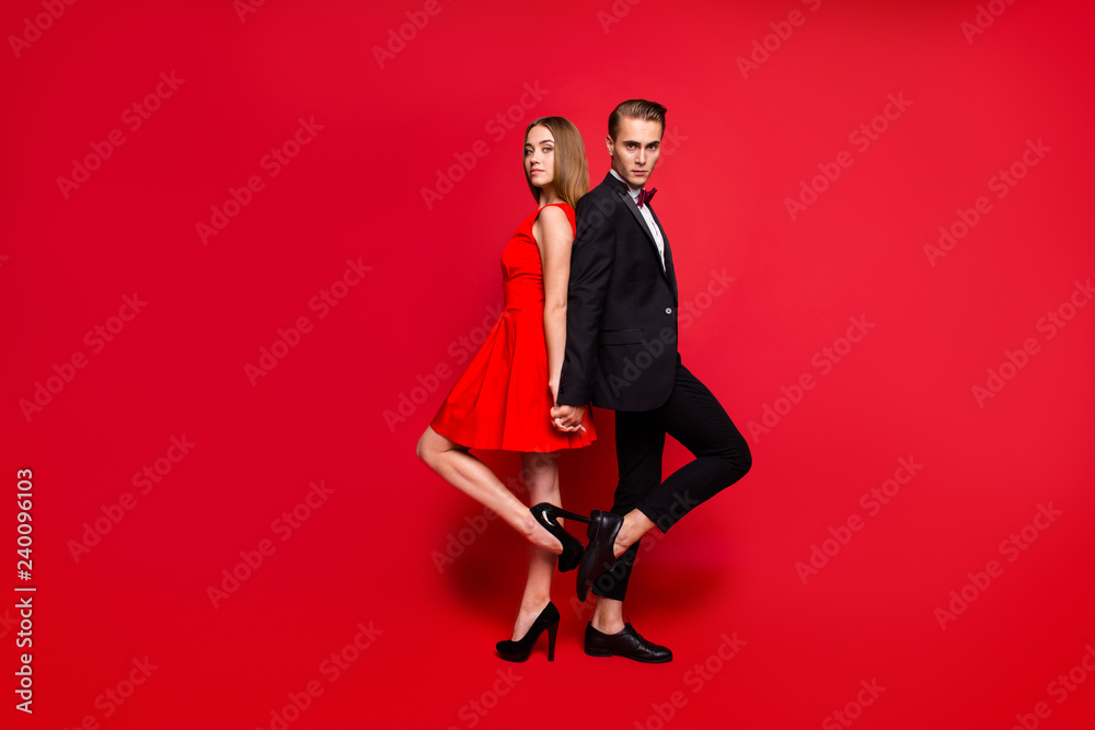 Full length body size portrait of two nice lovely attractive cha Full length body size portrait of two nice lovely attractive cha