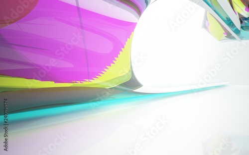 abstract architectural interior with colored smooth glass sculpture. 3D illustration and rendering