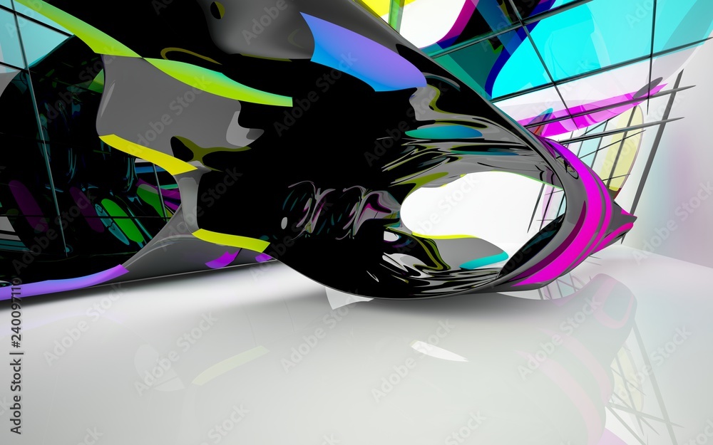 Obraz premium abstract architectural interior with colored smooth sculpture. 3D illustration and rendering