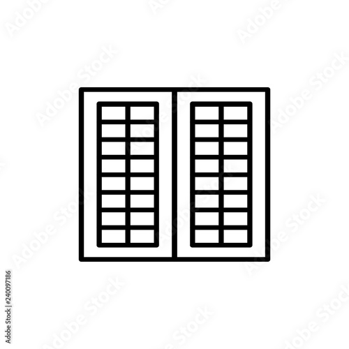Black & white illustration of old louver window shutter. Vector line icon of wooden vintage outdoor jalousie. Isolated object