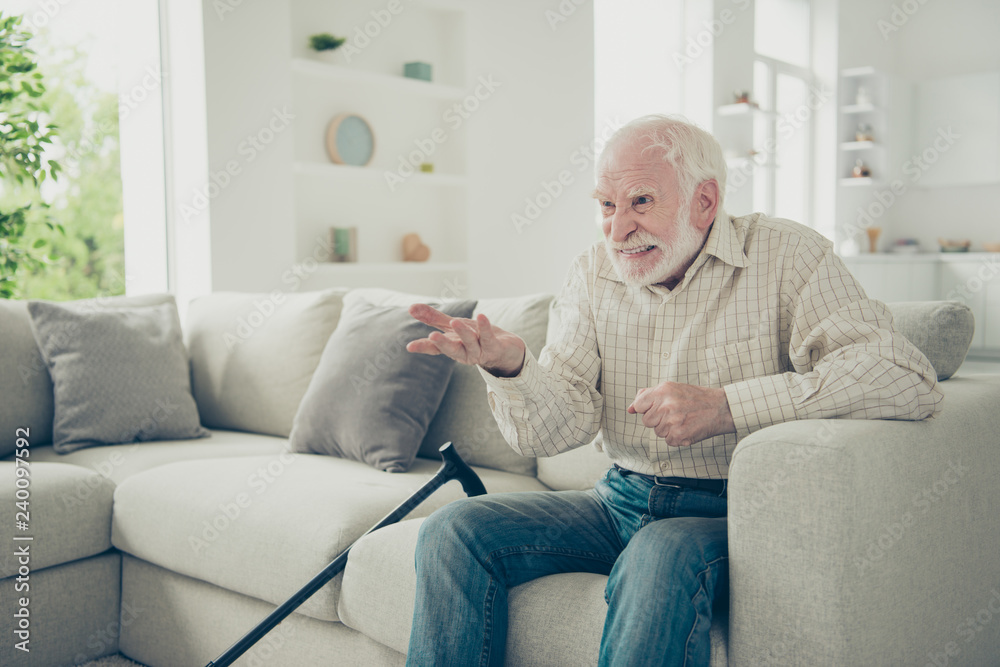 Close up photo of grey haired he his him granddad with raised ha Close up photo of grey haired he his him granddad with raised ha