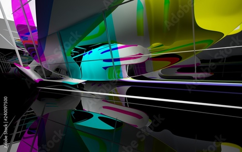 Abstract dynamic interior with white smooth colored gradient objects and black room . 3D illustration and rendering