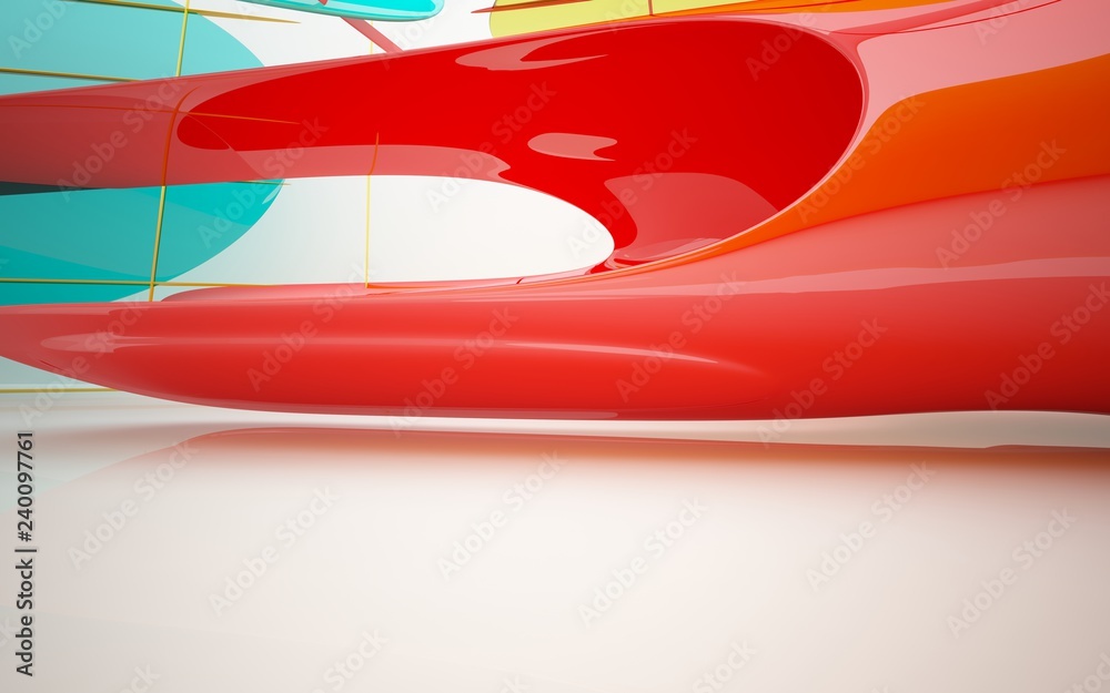 Fototapeta premium abstract architectural interior with colored smooth glass sculpture. 3D illustration and rendering