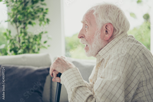 Close up side profile photo of grey hair his him grandpa leaning