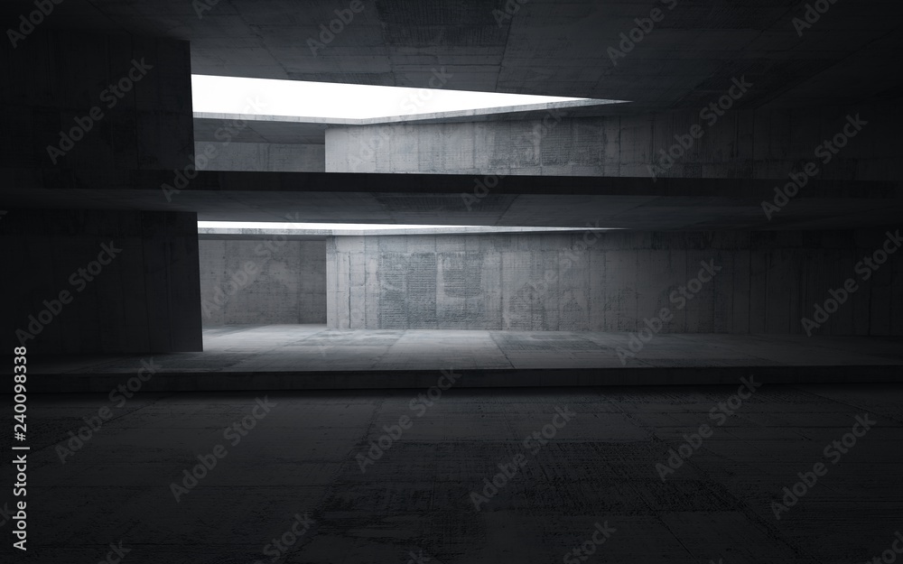 Empty dark abstract concrete room interior. Architectural background. Night view of the illuminated. 3D illustration and rendering