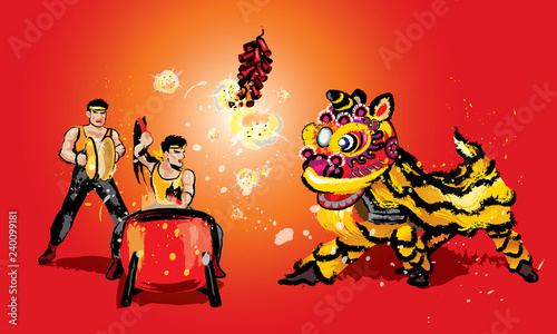 A squatting Chinese lion, firecrackers and a team playing drums and cymbals. In various colors and presented in splashing ink drawing style. Vector. 