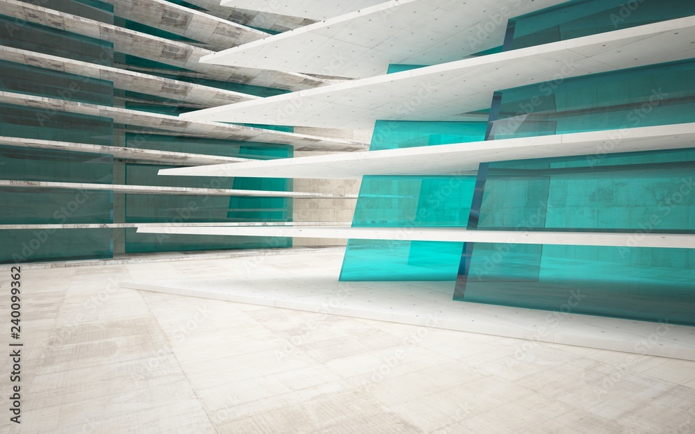 Fototapeta premium Abstract interior of concrete, wood and blue glass. Architectural background. 3D illustration and rendering 