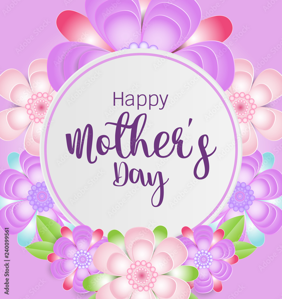 Happy mother's day card with beautiful flowers on purple background. Vector illustration