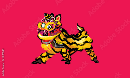 A squatting Chinese lion in various colors and presented in splashing ink drawing style. Vector.