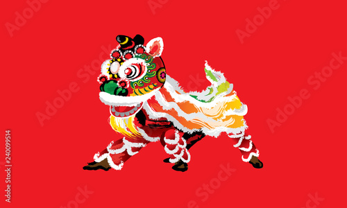 A squatting Chinese lion in various colors and presented in splashing ink drawing style. Vector.