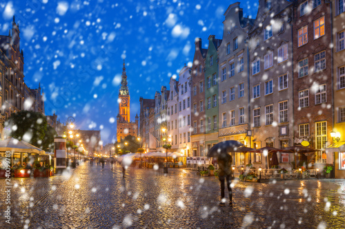 Old town of Gdansk on a cold winter night with falling snow  Poland