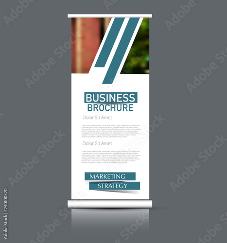 Roll up banner design. Vertical narrow flyer template. Advertising panel layout. Blue vector illustration.