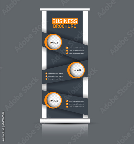 Roll up banner design. Vertical narrow flyer template. Advertising panel layout. Orange and grey vector illustration.