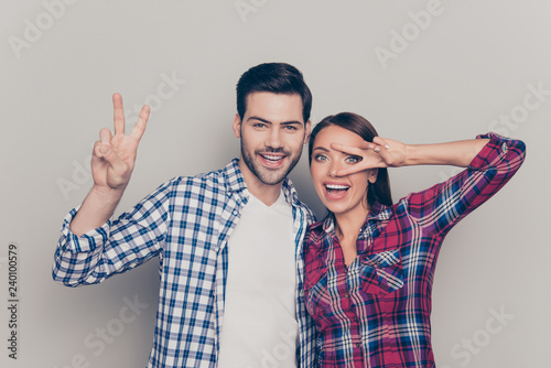 Portrait of two nice lovely cool attractive cheerful cheery peop photo