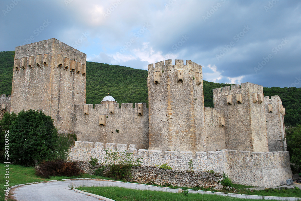 The walls and towers of the Manasija monastery in Serbia