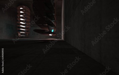 Empty smooth abstract room interior of sheets rusted metal, brown concrete and blue glass. Architectural background. Night view of the illuminated. 3D illustration and rendering