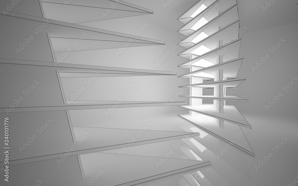 Obraz premium Abstract white interior highlights future. Polygon black drawing. Architectural background. 3D illustration and rendering