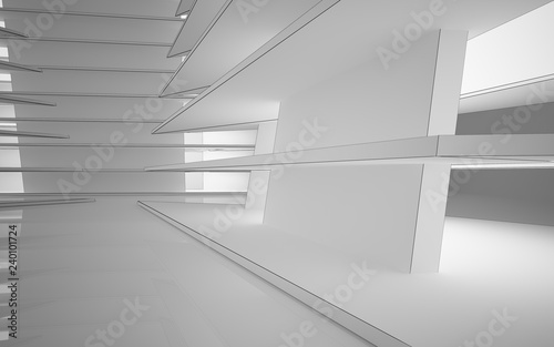 Abstract white interior highlights future. Polygon black drawing. Architectural background. 3D illustration and rendering