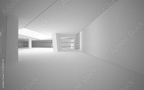 Abstract white interior highlights future. Polygon black drawing. Architectural background. 3D illustration and rendering