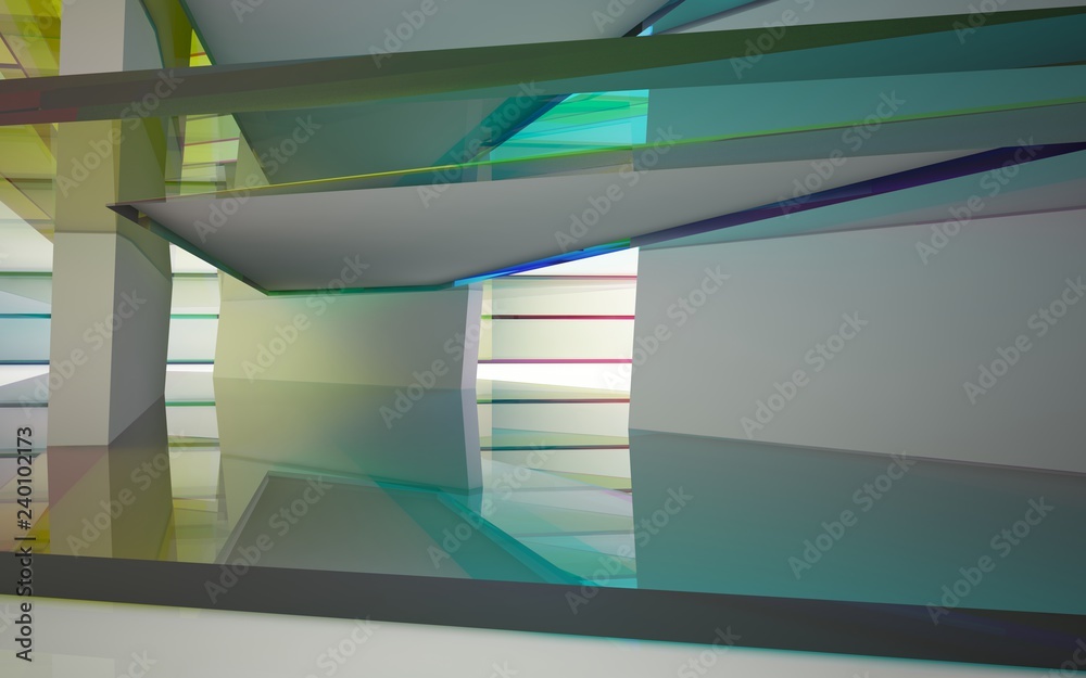 Fototapeta premium abstract architectural interior with gradient geometric glass sculpture. 3D illustration and rendering