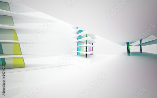 abstract architectural interior with white sculpture and geometric gradient glass box. 3D illustration and rendering