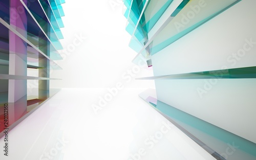 abstract architectural interior with gradient geometric glass sculpture. 3D illustration and rendering