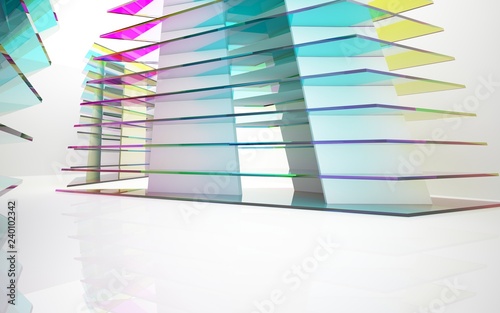 abstract architectural interior with gradient geometric glass sculpture. 3D illustration and rendering