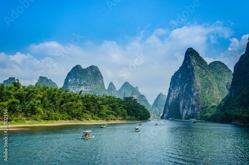 Beautiful mountains and river scenery with blue sky, Yangshuo, China.