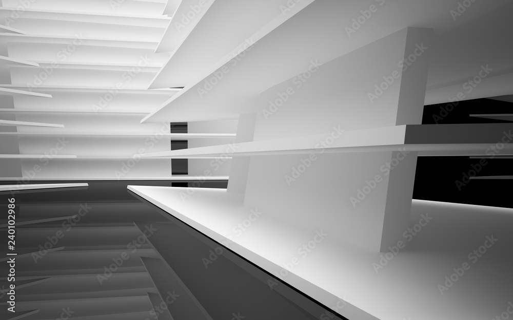 Obraz premium Abstract white interior of the future, with glossy black wall and floor. 3D illustration and rendering