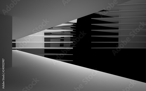 Abstract white interior of the future, with glossy black wall and floor. 3D illustration and rendering