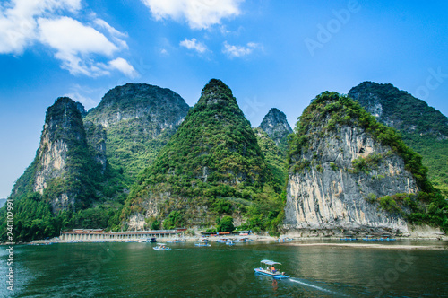 Mountains and river scenery with blue sky 