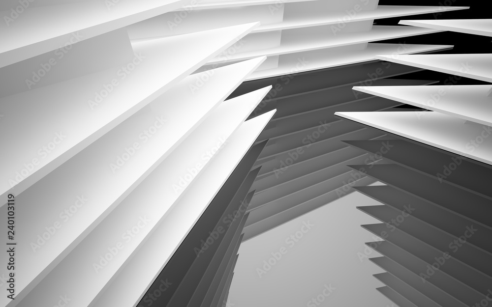 Obraz premium Abstract white interior of the future, with glossy black wall and floor. 3D illustration and rendering