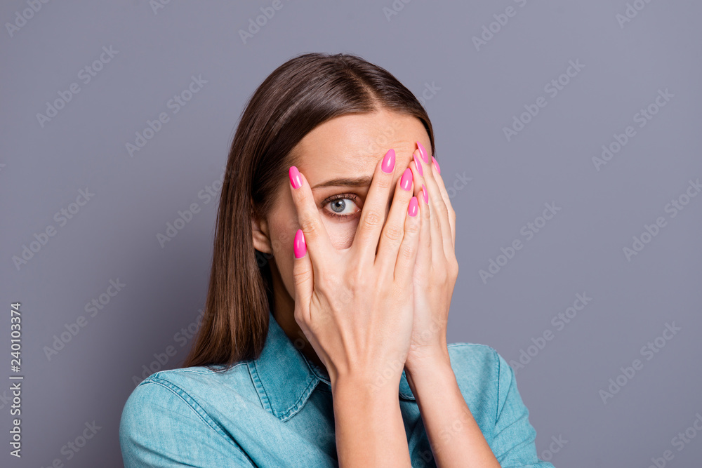 Close up studio photo portrait of sad upset unhappy afraid scare Close up studio photo portrait of sad upset unhappy afraid scare