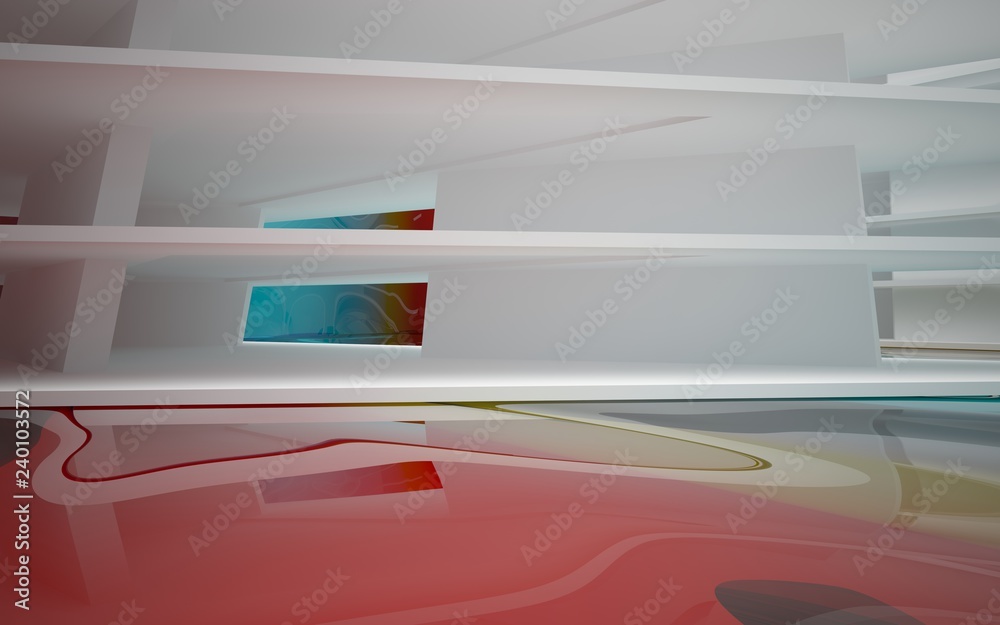 Abstract white interior of the future, with glossy gradient colored water wall and floor. 3D illustration and rendering Abstract white interior of the future, with glossy gradient colored water wall and floor. 3D illustration and rendering