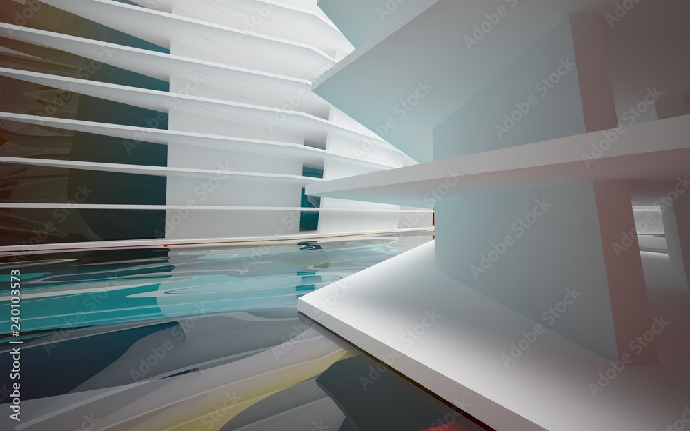 Obraz premium Abstract white interior of the future, with glossy gradient colored water wall and floor. 3D illustration and rendering