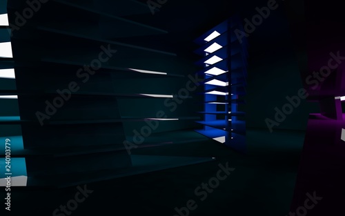 Abstract violet interior of the future. Night view. 3D illustration and rendering