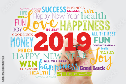 2019 year greeting word cloud with marker, Happy New Year celebration greeting card