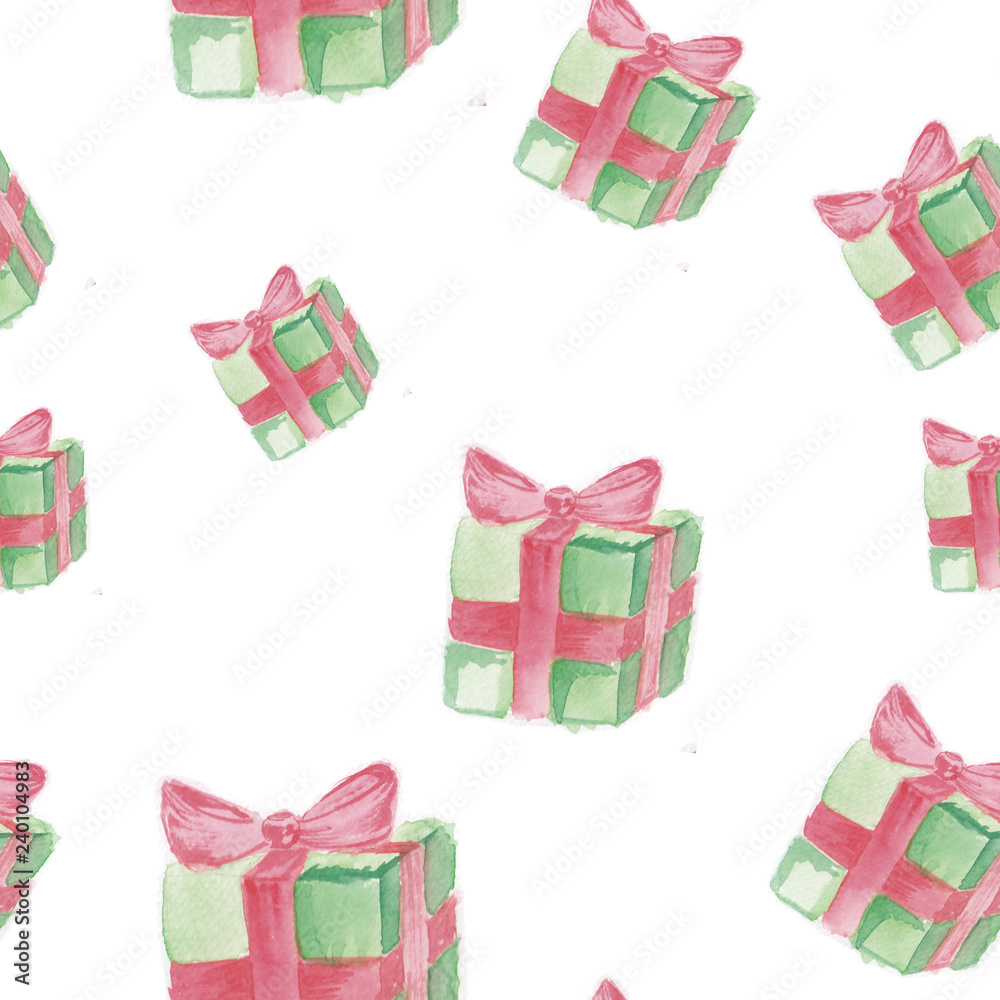 Seamless pattern watercolor gift boxes with ribbon bow, hand drawn isolated on a white background Seamless pattern watercolor gift boxes with ribbon bow, hand drawn isolated on a white background