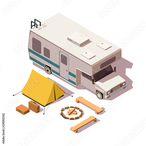 Vector isometric low poly camper van and camping equipment on the isolate white background