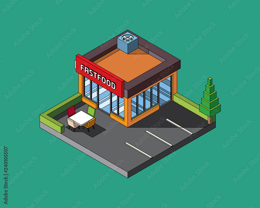 3D isometric Fastfood View 1 Outlined