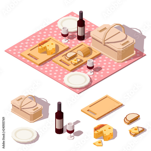 Isometric low poly picnic food set with basket, bottle wine, cheese, bread and cloth. Vector illustration.