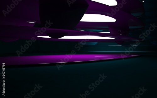 Abstract interior of the future in a minimalist style with violet sculpture. Night view . Architectural background. 3D illustration and rendering