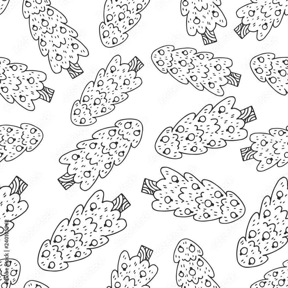 Hand drawn Christmas tree background. Doodle ink seamless pattern for New Year