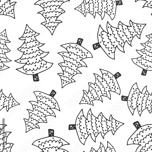 Hand drawn Christmas tree background. Doodle ink seamless pattern for New Year